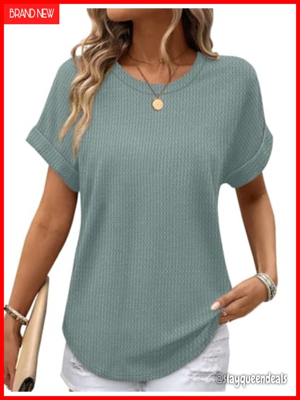Waffle Knit Rolled Short Sleeve Tunic Tee Curved Hem Loose Fit Women's Top